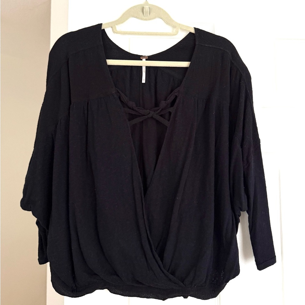 FREE PEOPLE Black V-Neck Wrap Tunic with Tie Detail